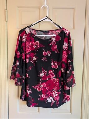 Roz & Ali Floral Blouse Dressy Sheer Bell Sleeve Top Black Red Women’s Size L